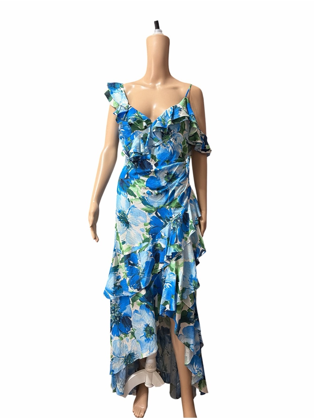 NWT Alex Marie Sz 4 Lacey Ruffled Floral Asymmetrical Hem Maxi Dress Sleeveless